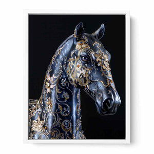 Blue black horse with gold floral ornament ornate glam equestrian art canvas art for modern home decor.