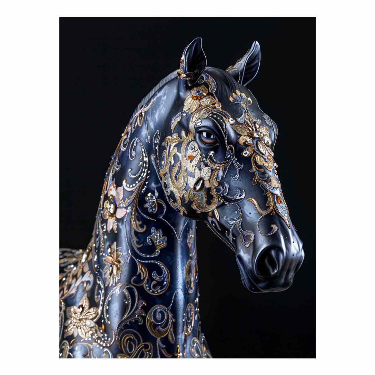 Blue black horse with gold floral ornament ornate glam equestrian art canvas art for modern home decor.