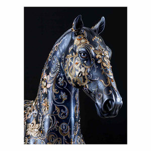 Blue black horse with gold floral ornament ornate glam equestrian art canvas art for modern home decor.