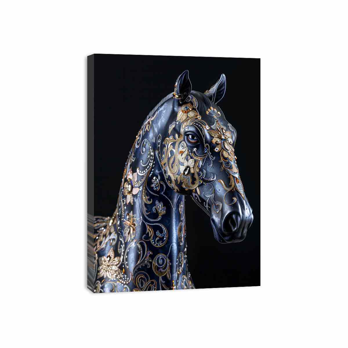 Blue black horse with gold floral ornament ornate glam equestrian art canvas art for modern home decor.
