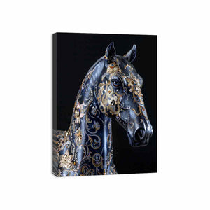 Blue black horse with gold floral ornament ornate glam equestrian art canvas art for modern home decor.