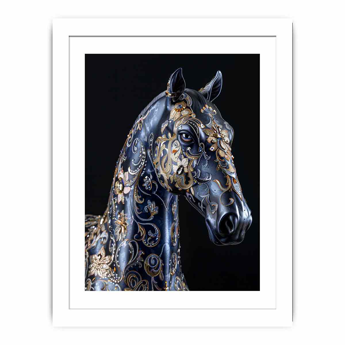 Blue black horse with gold floral ornament ornate glam equestrian art canvas art for modern home decor.