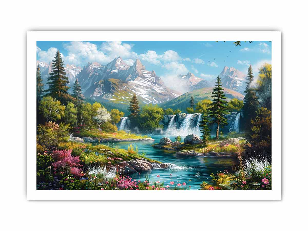 Mountain waterfall landscape for modern living room decor with premium canvas art style.