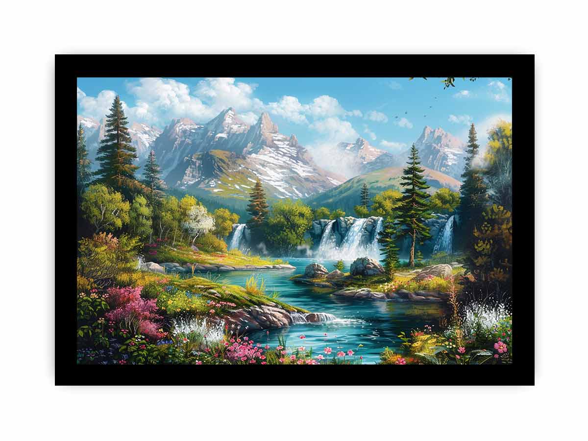 Mountain waterfall landscape for modern living room decor with premium canvas art style.