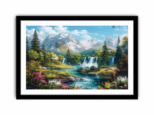 Mountain waterfall landscape for modern living room decor with premium canvas art style.