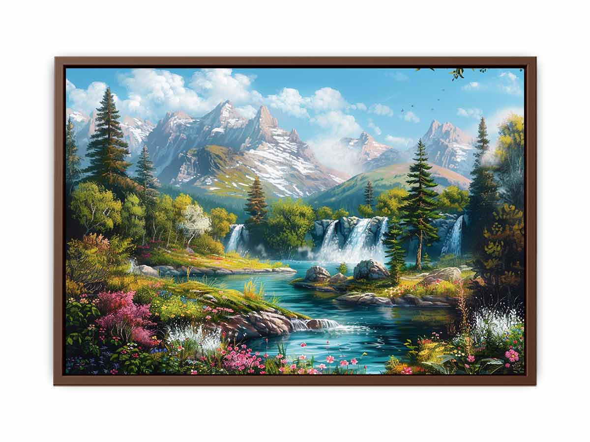 Mountain waterfall landscape for modern living room decor with premium canvas art style.