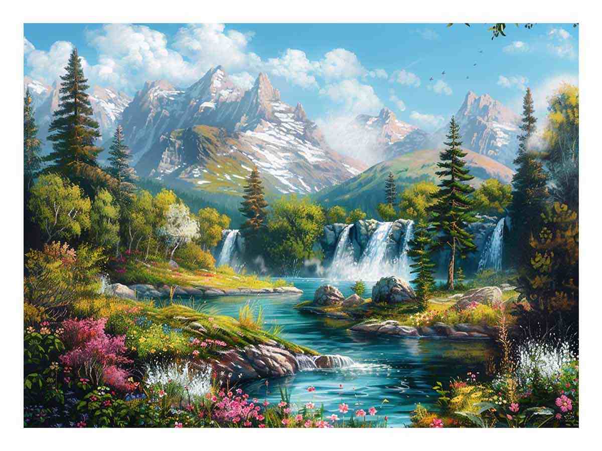 Mountain waterfall landscape for modern living room decor with premium canvas art style.