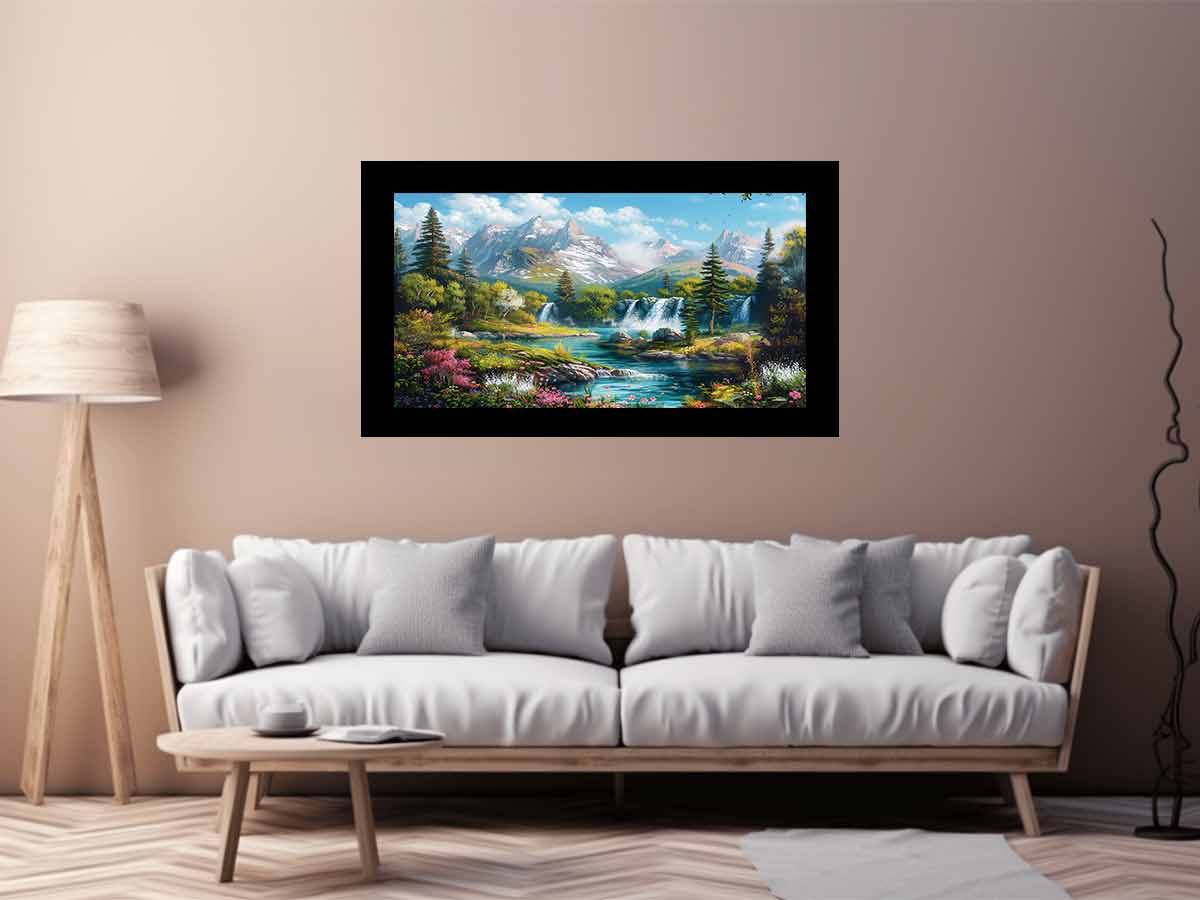 Mountain waterfall landscape for modern living room decor with premium canvas art style.