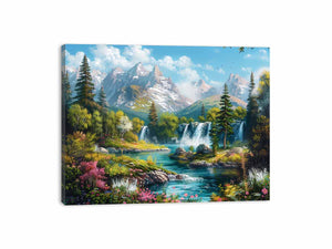 Mountain waterfall landscape for modern living room decor with premium canvas art style.
