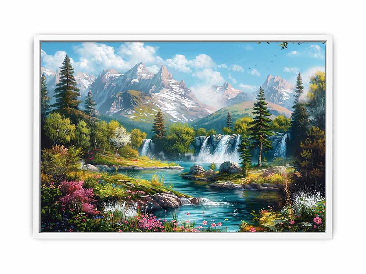 Mountain waterfall landscape for modern living room decor with premium canvas art style.