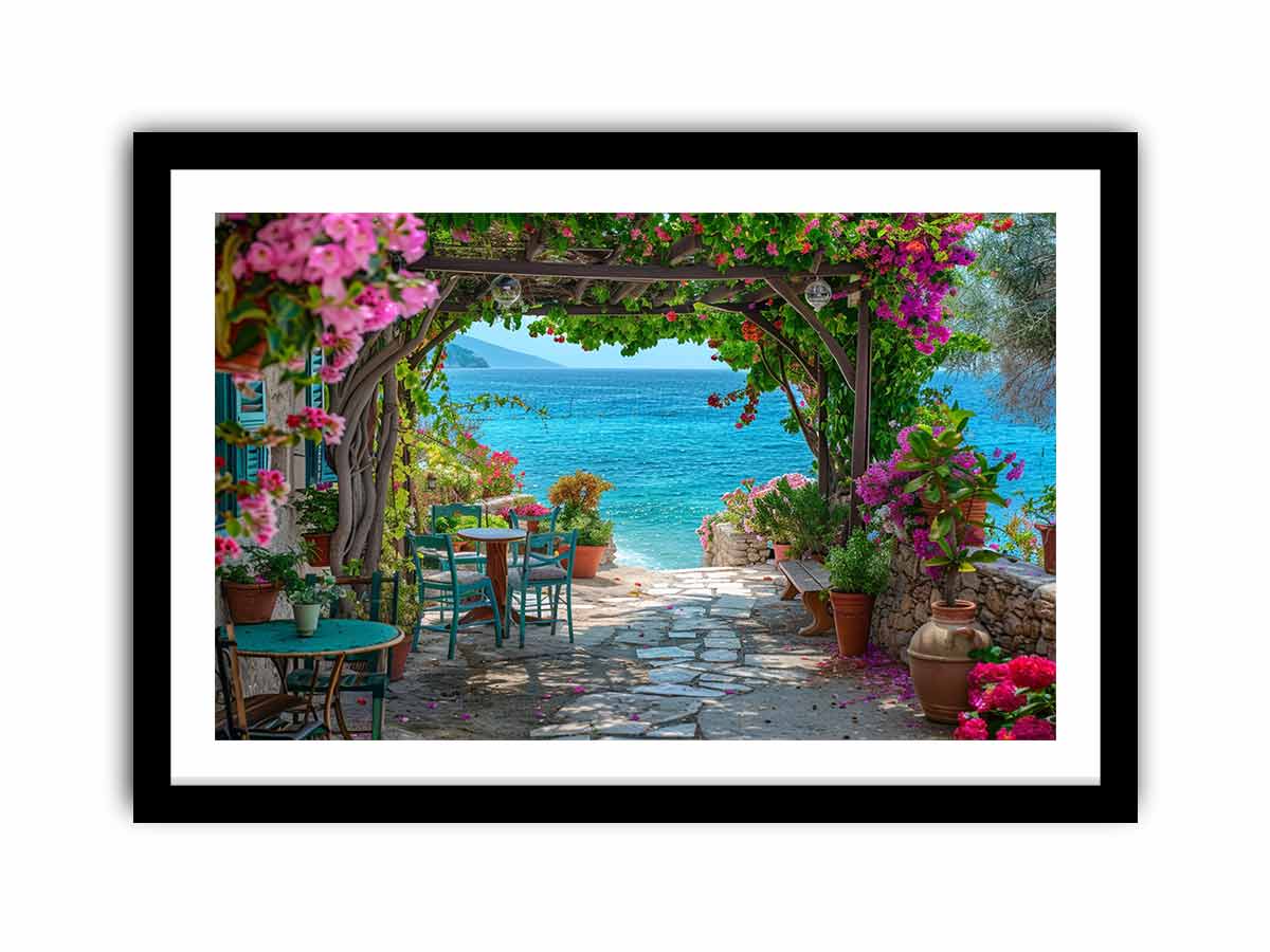 Coastal terrace view for modern living room decor with premium canvas art style.