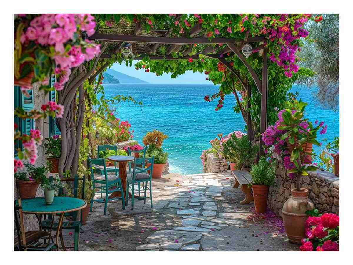 Coastal terrace view for modern living room decor with premium canvas art style.