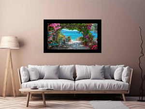 Coastal terrace view for modern living room decor with premium canvas art style.