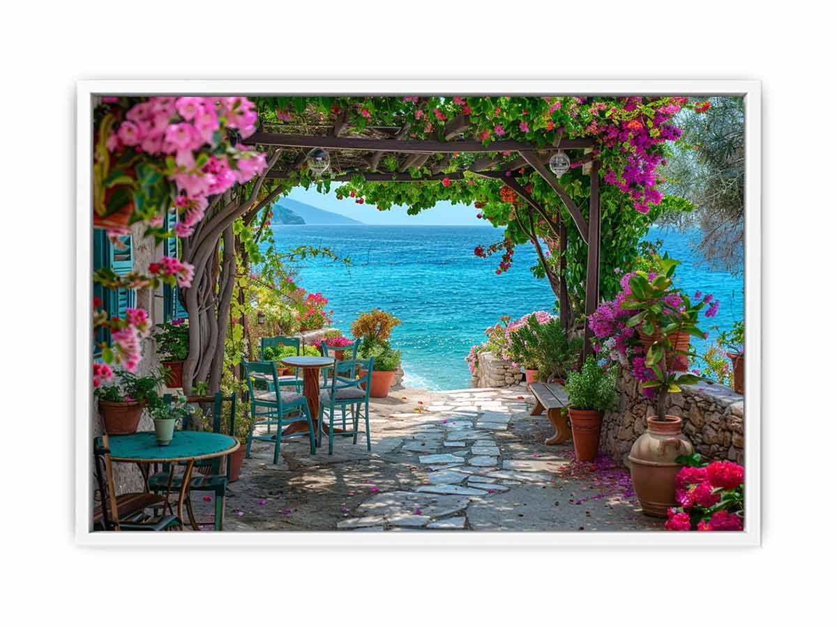 Coastal terrace view for modern living room decor with premium canvas art style.