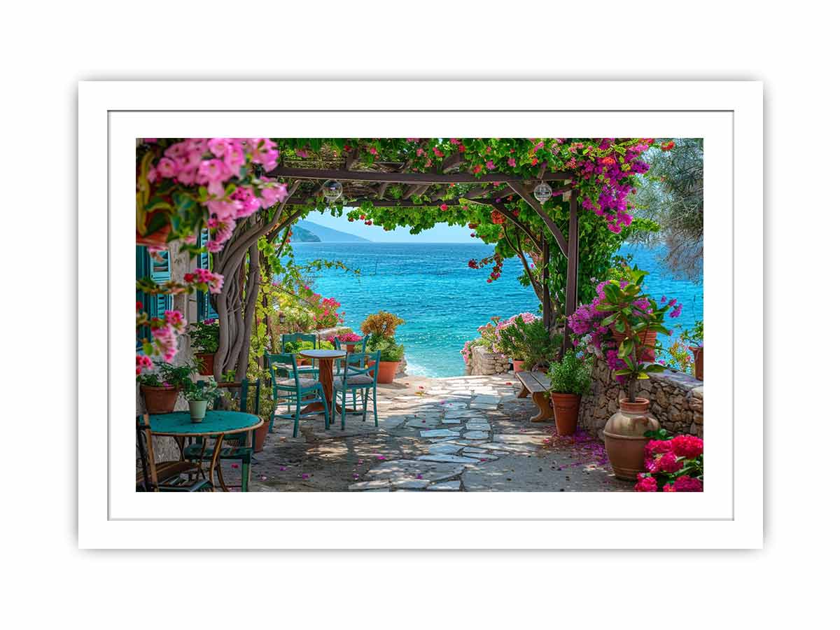 Coastal terrace view for modern living room decor with premium canvas art style.