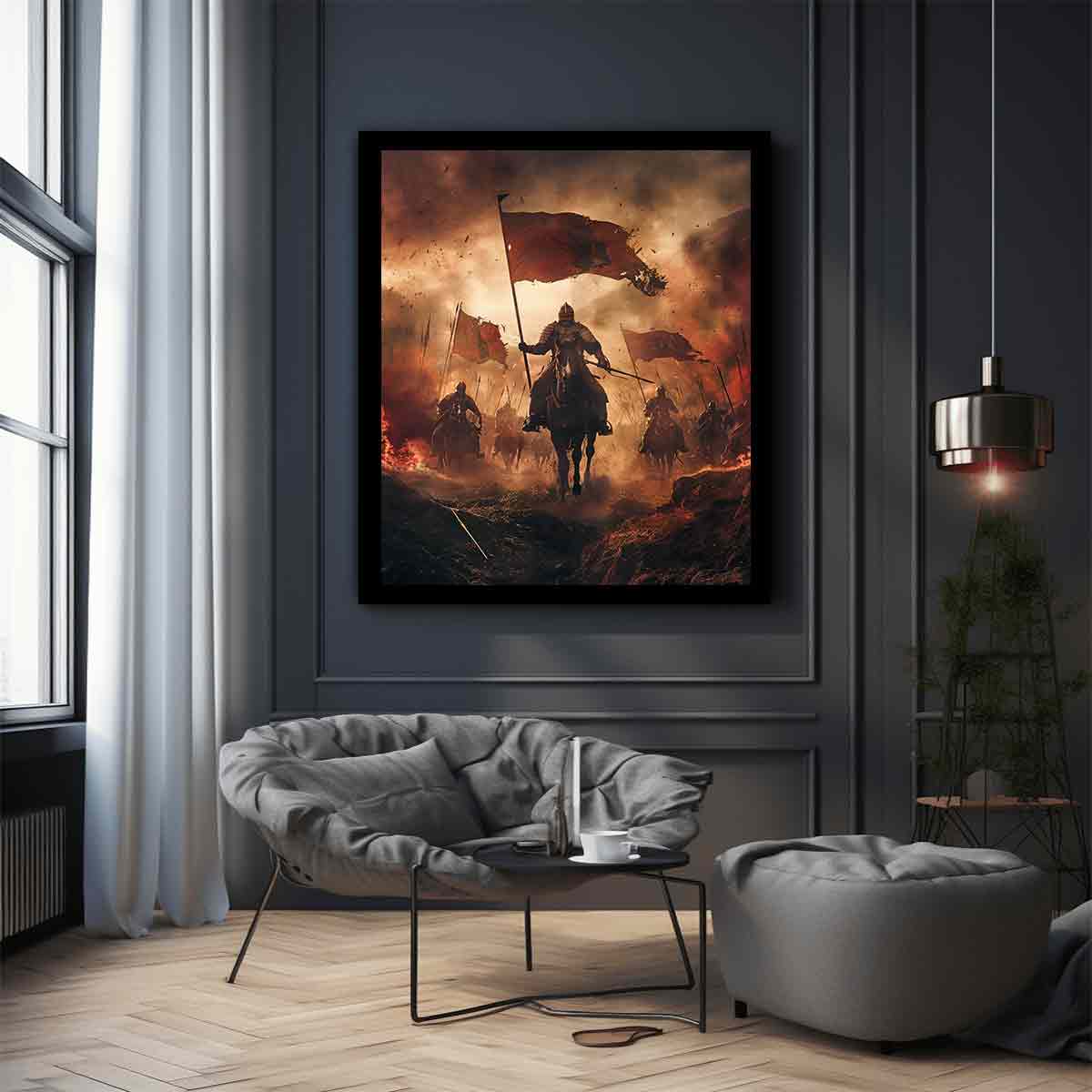 Medieval battle rider for modern living room decor with premium canvas art style.