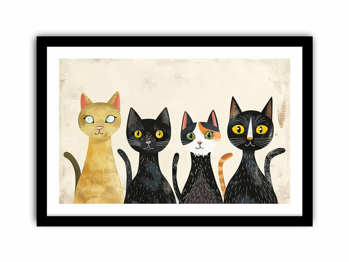 Retro cat group for modern living room decor with premium canvas art style.