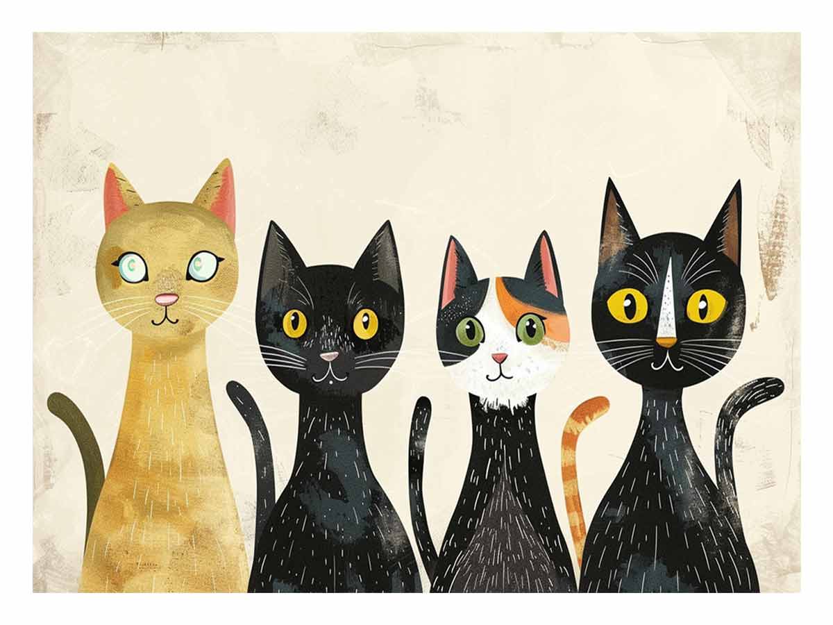 Retro cat group for modern living room decor with premium canvas art style.