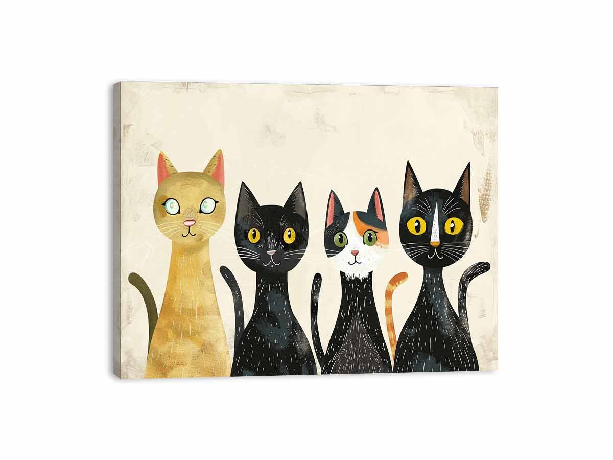 Retro cat group for modern living room decor with premium canvas art style.