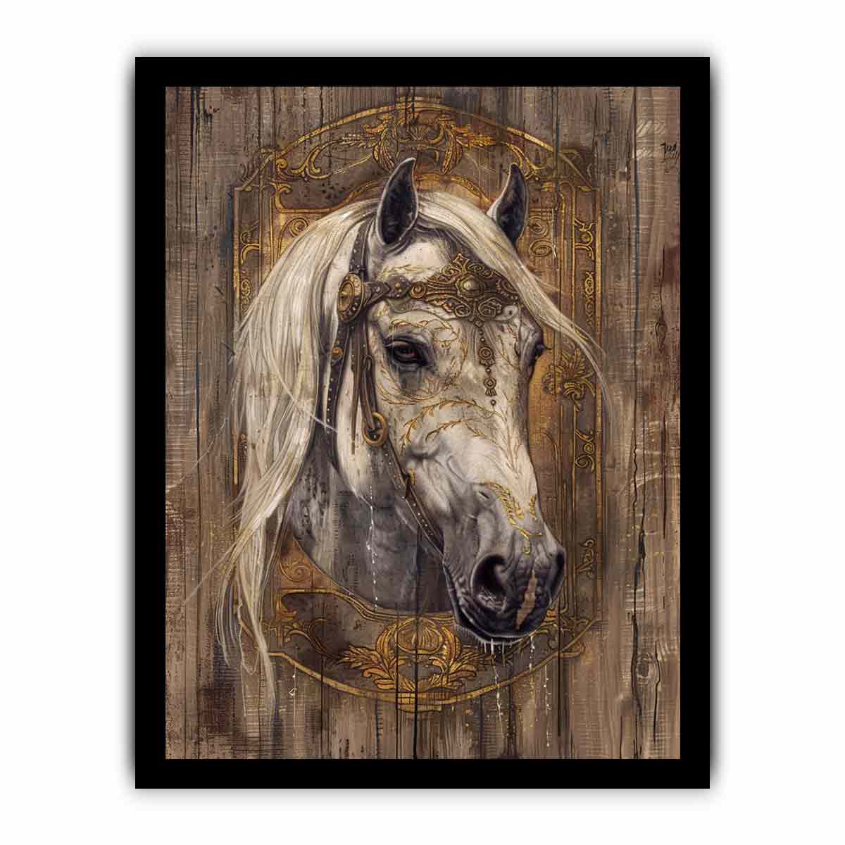 Ornate white horse portrait for modern living room decor with premium canvas art style.
