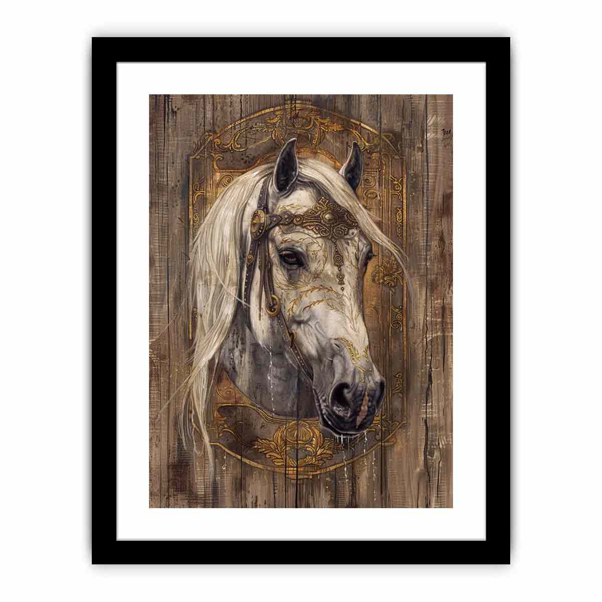 Ornate white horse portrait for modern living room decor with premium canvas art style.