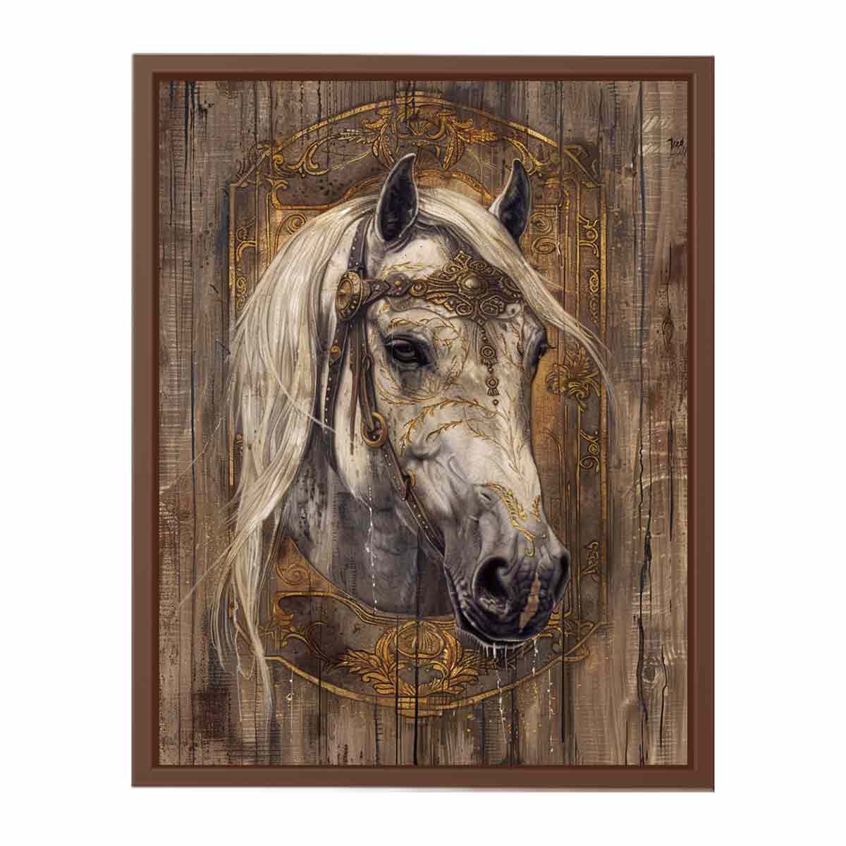 Ornate white horse portrait for modern living room decor with premium canvas art style.