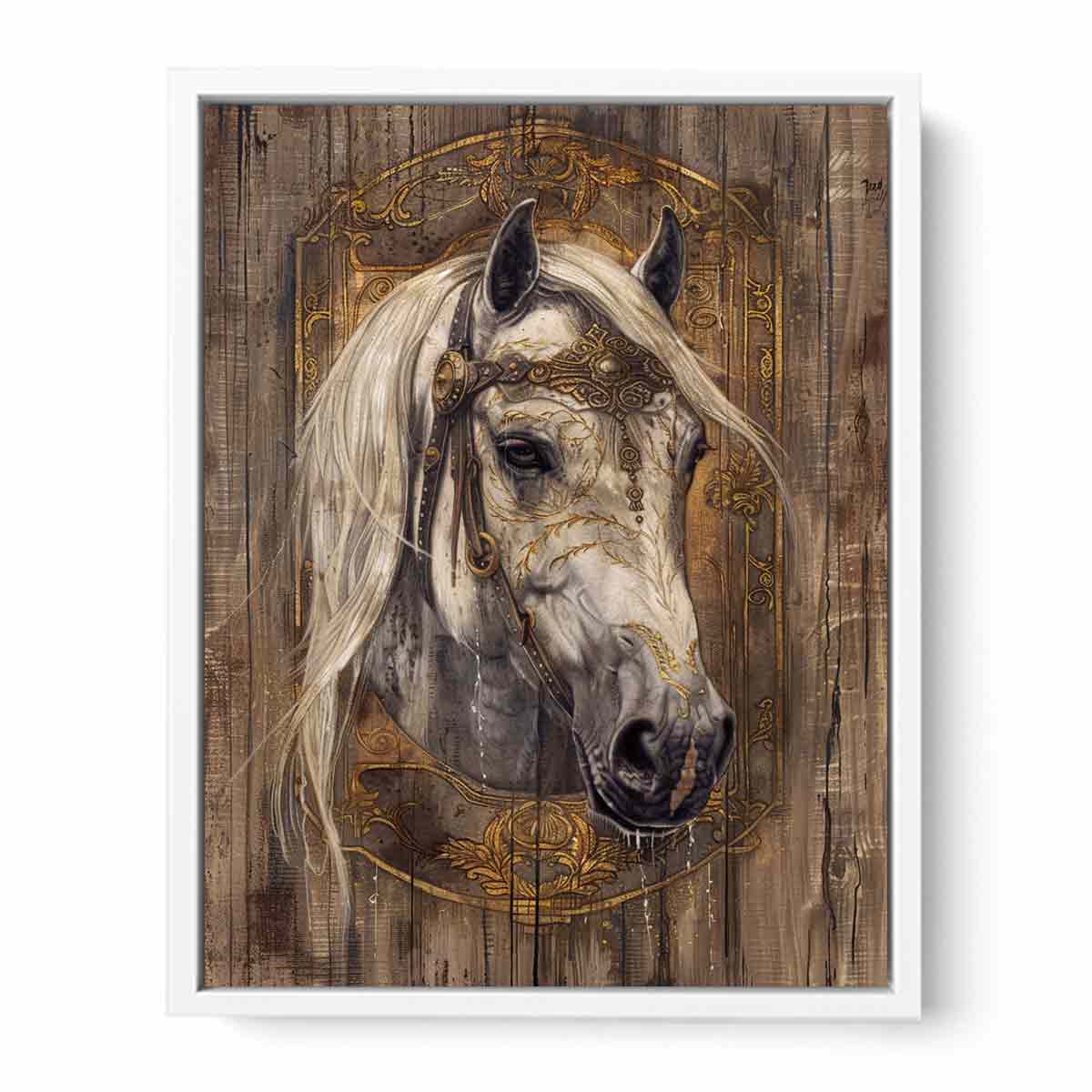 Ornate white horse portrait for modern living room decor with premium canvas art style.