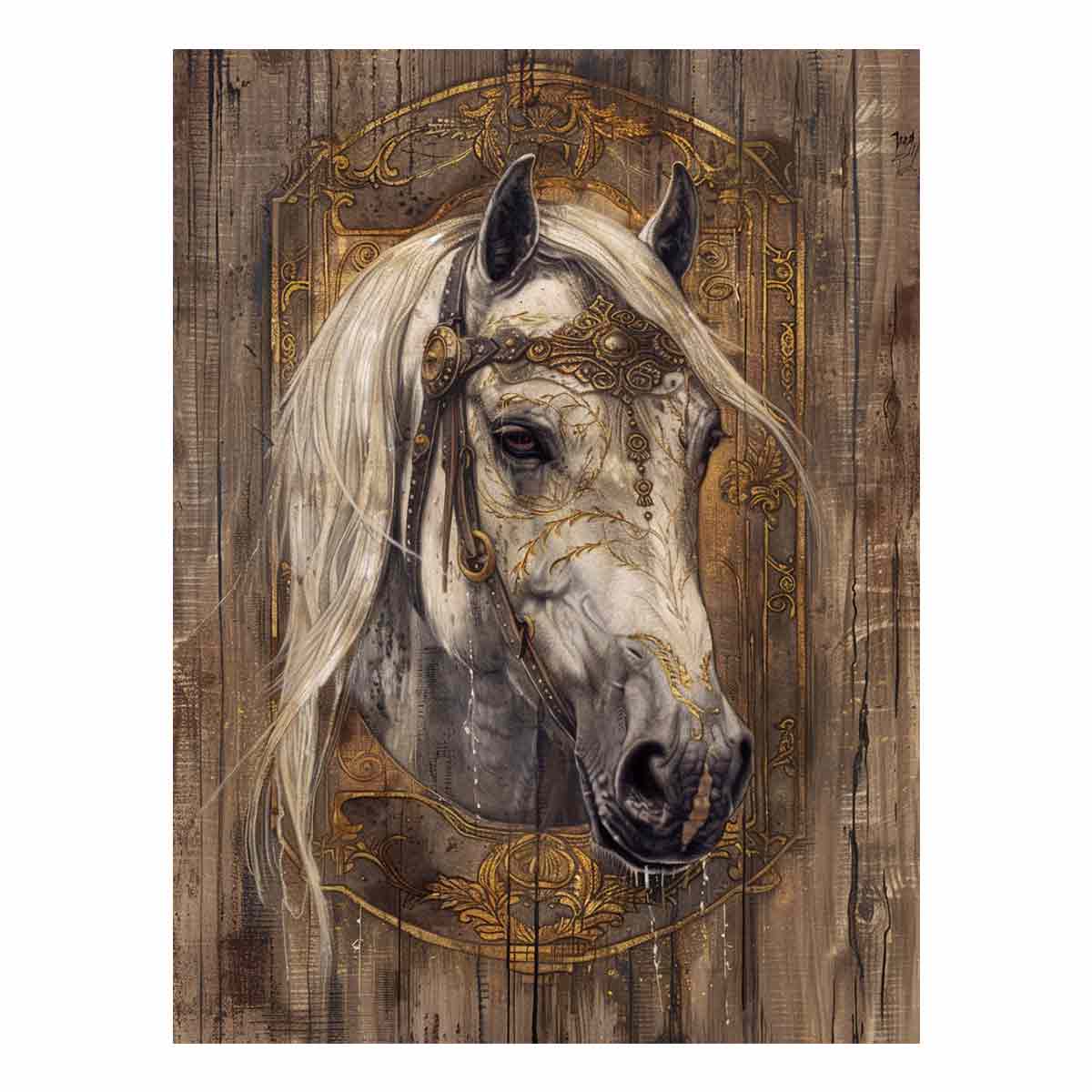 Ornate white horse portrait for modern living room decor with premium canvas art style.