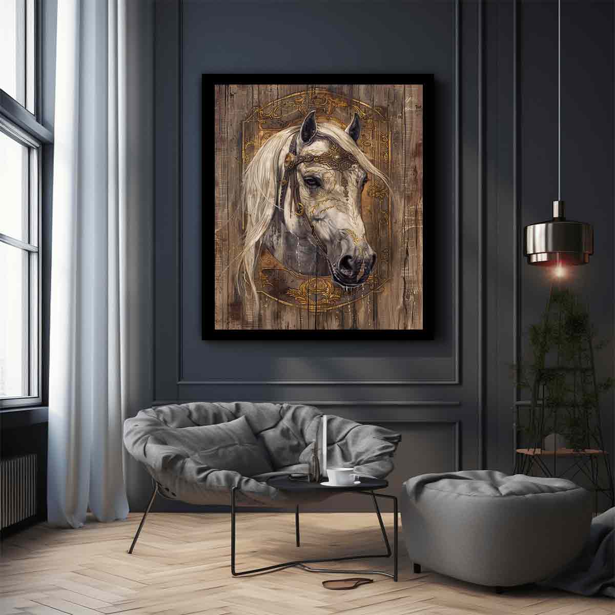 Ornate white horse portrait for modern living room decor with premium canvas art style.