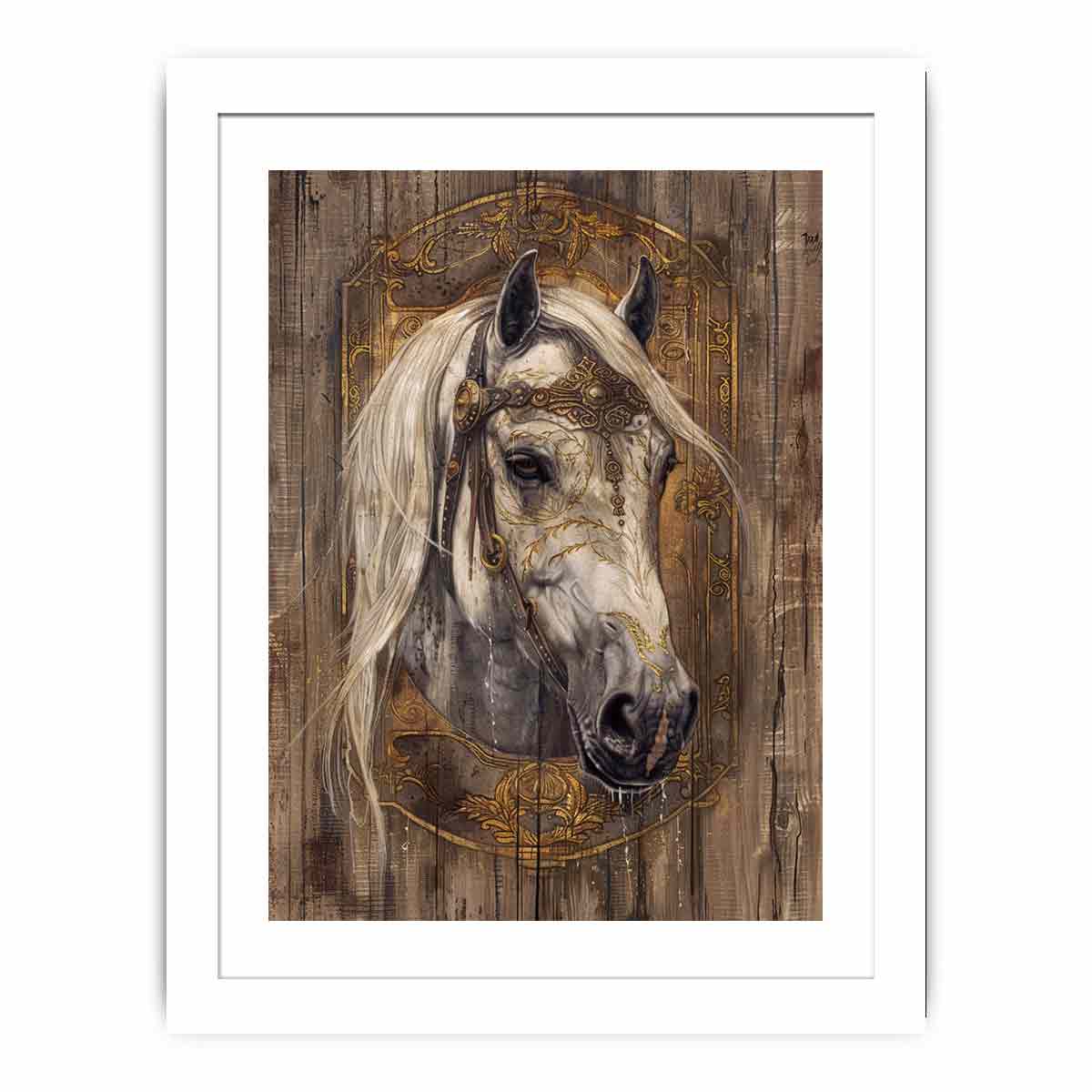 Ornate white horse portrait for modern living room decor with premium canvas art style.
