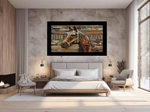 Industrial horse sculpture for modern living room decor with premium canvas art style.