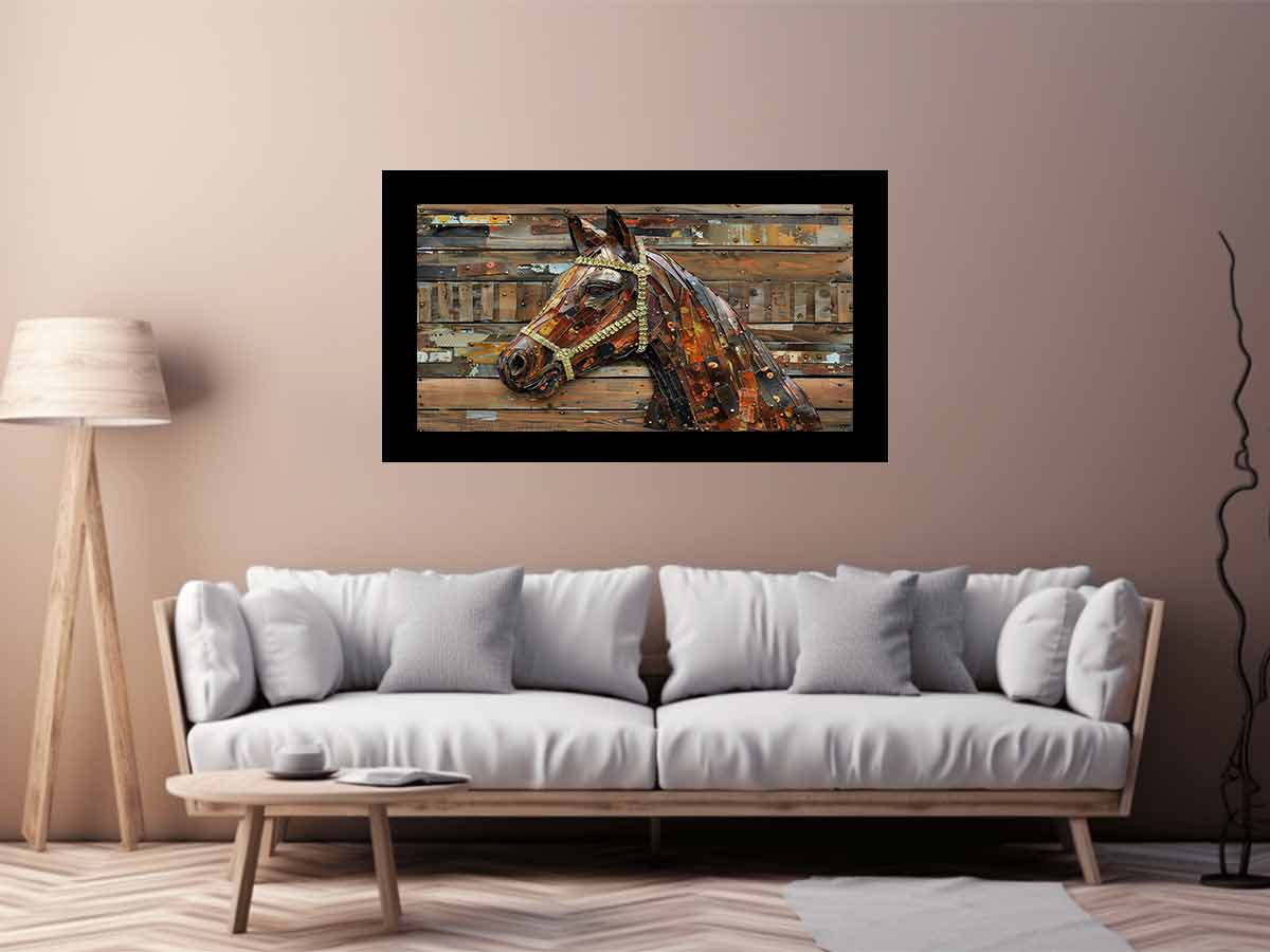 Industrial horse sculpture for modern living room decor with premium canvas art style.