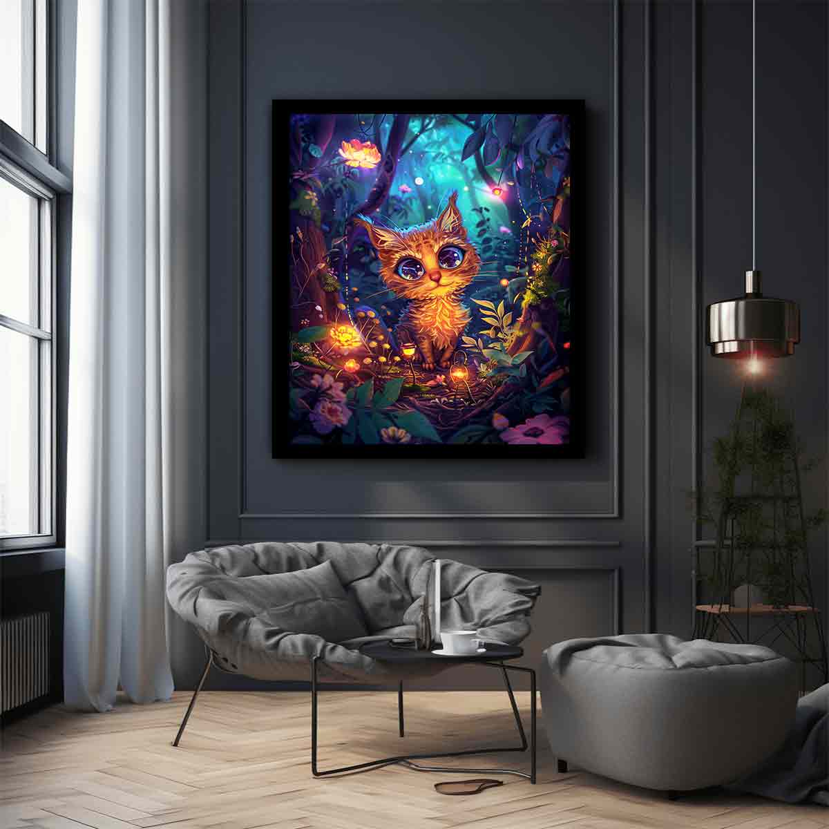 Fantasy kitten forest for modern living room decor with premium canvas art style.