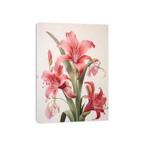 Coral pink lily botanical canvas art for elegant bedroom and living room decor.