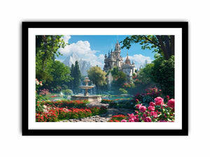 Fantasy castle garden for modern living room decor with premium canvas art style.