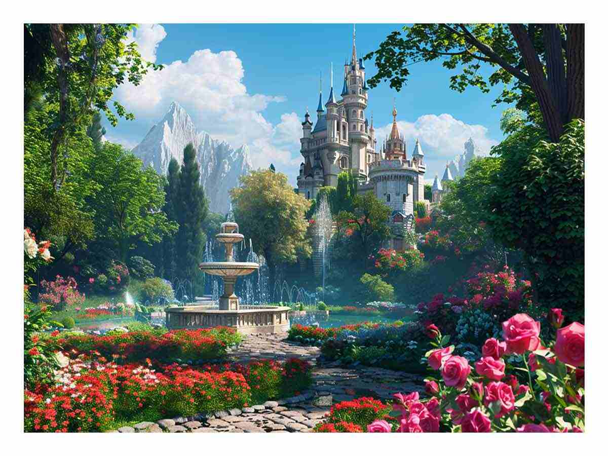 Fantasy castle garden for modern living room decor with premium canvas art style.