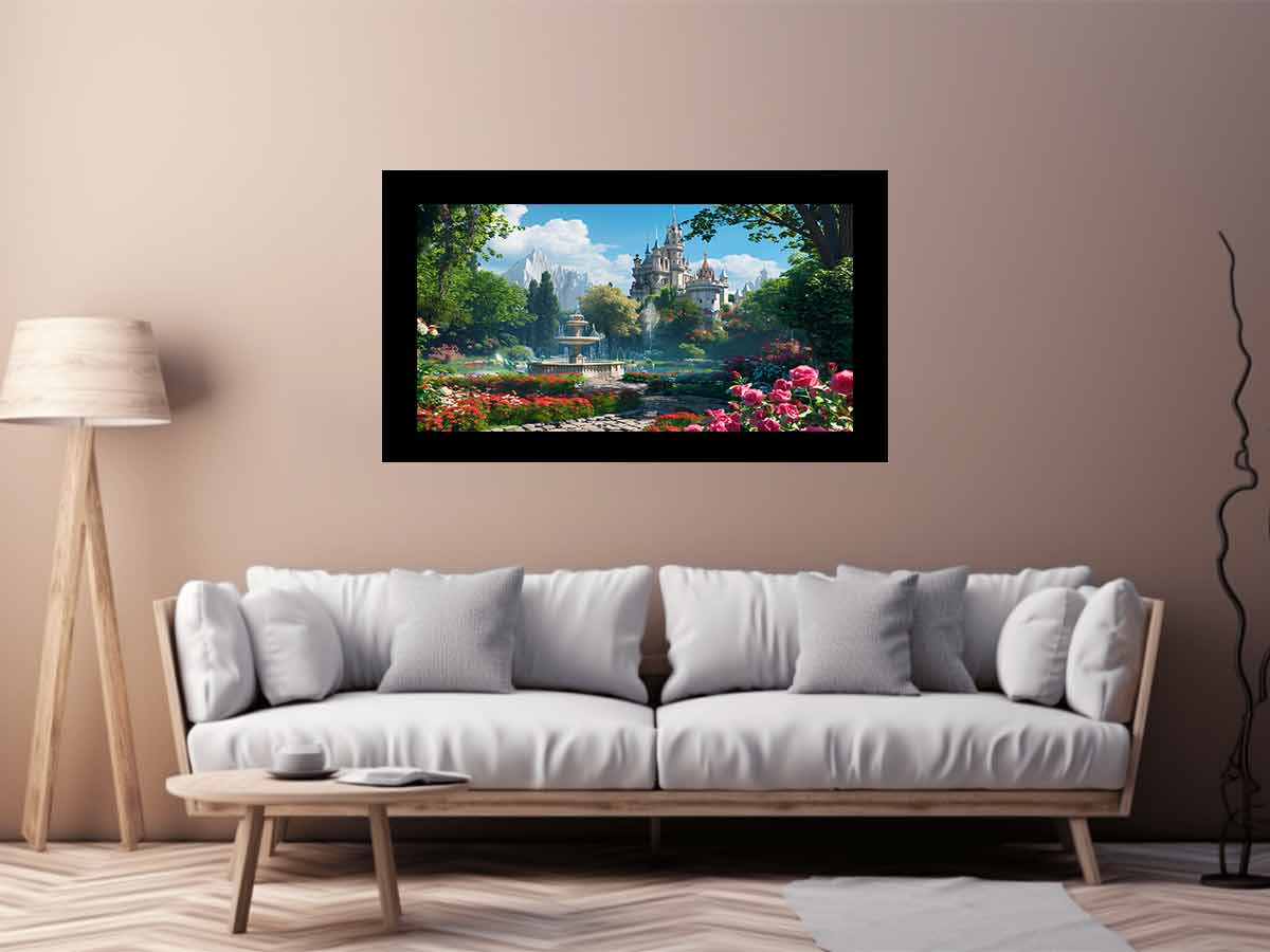 Fantasy castle garden for modern living room decor with premium canvas art style.