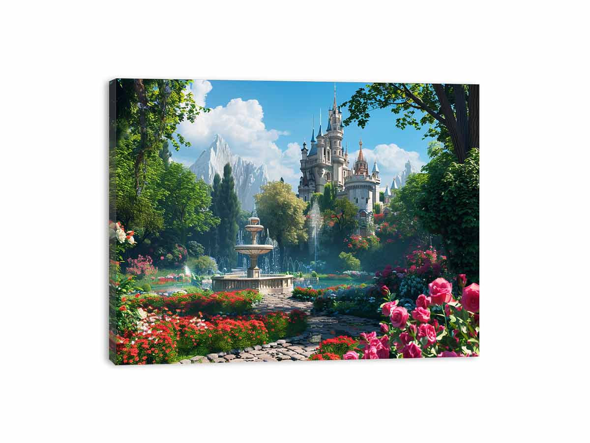 Fantasy castle garden for modern living room decor with premium canvas art style.