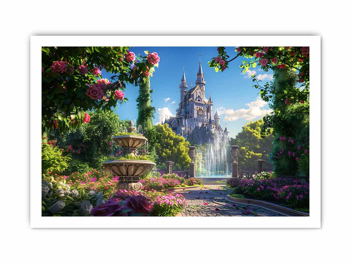 Enchanted castle fountain for modern living room decor with premium canvas art style.