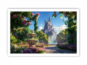Enchanted castle fountain for modern living room decor with premium canvas art style.