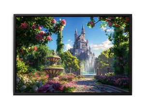 Enchanted castle fountain for modern living room decor with premium canvas art style.