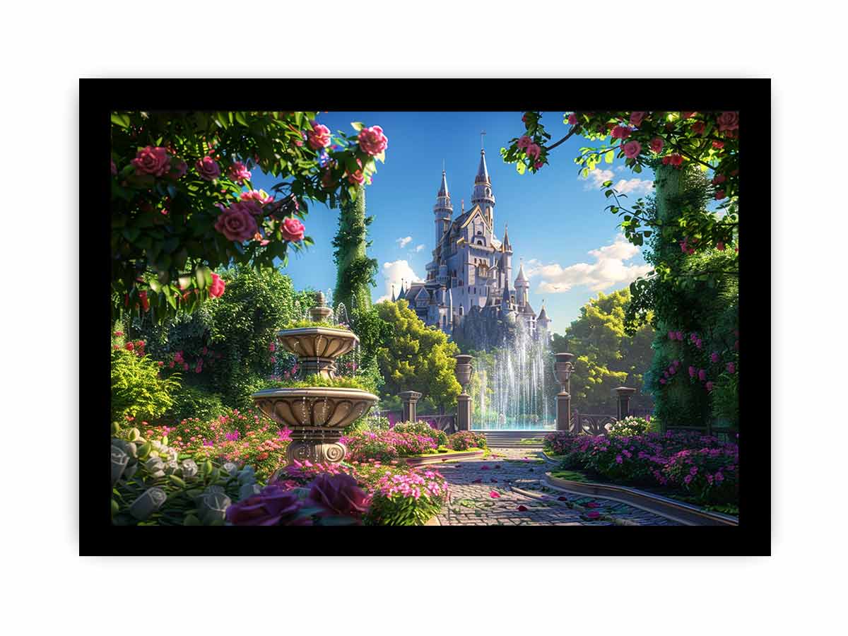 Enchanted castle fountain for modern living room decor with premium canvas art style.