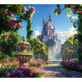 Enchanted castle fountain for modern living room decor with premium canvas art style.
