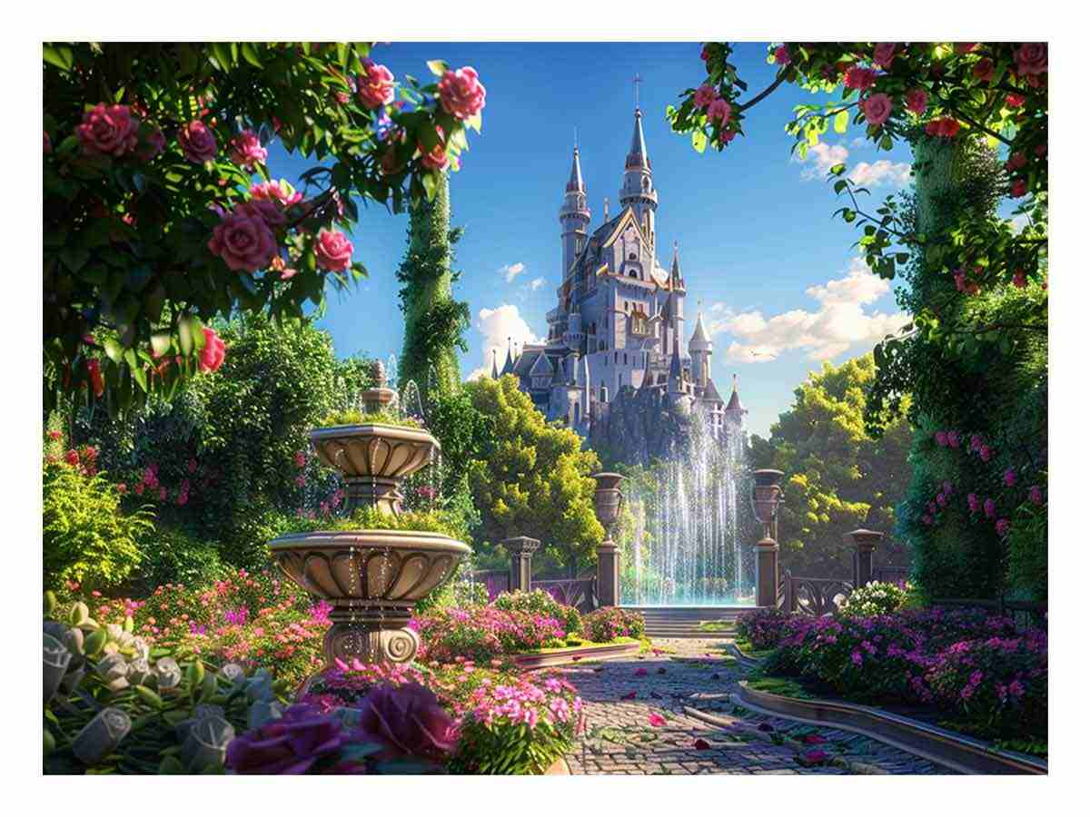 Enchanted castle fountain for modern living room decor with premium canvas art style.