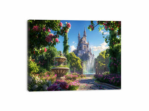 Enchanted castle fountain for modern living room decor with premium canvas art style.