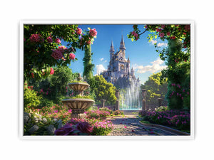 Enchanted castle fountain for modern living room decor with premium canvas art style.