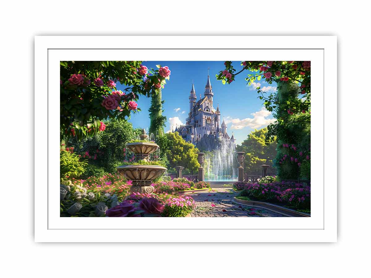 Enchanted castle fountain for modern living room decor with premium canvas art style.