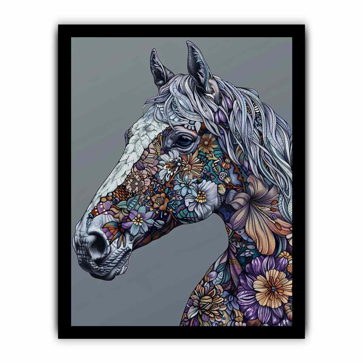 Floral horse portrait for modern living room decor with premium canvas art style.