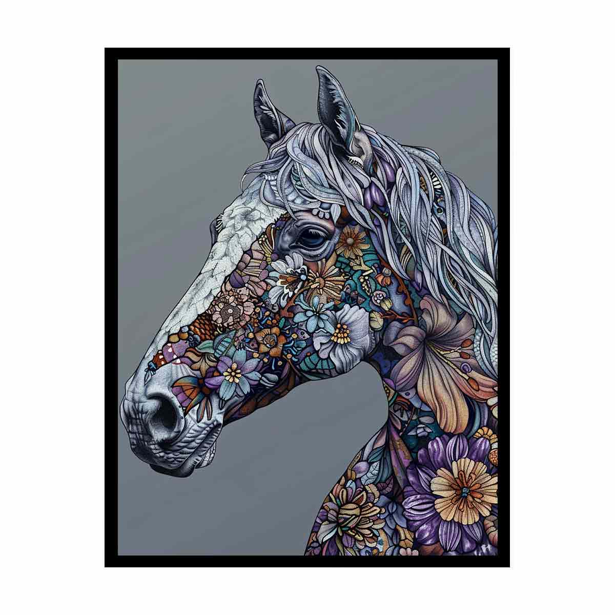 Floral horse portrait for modern living room decor with premium canvas art style.