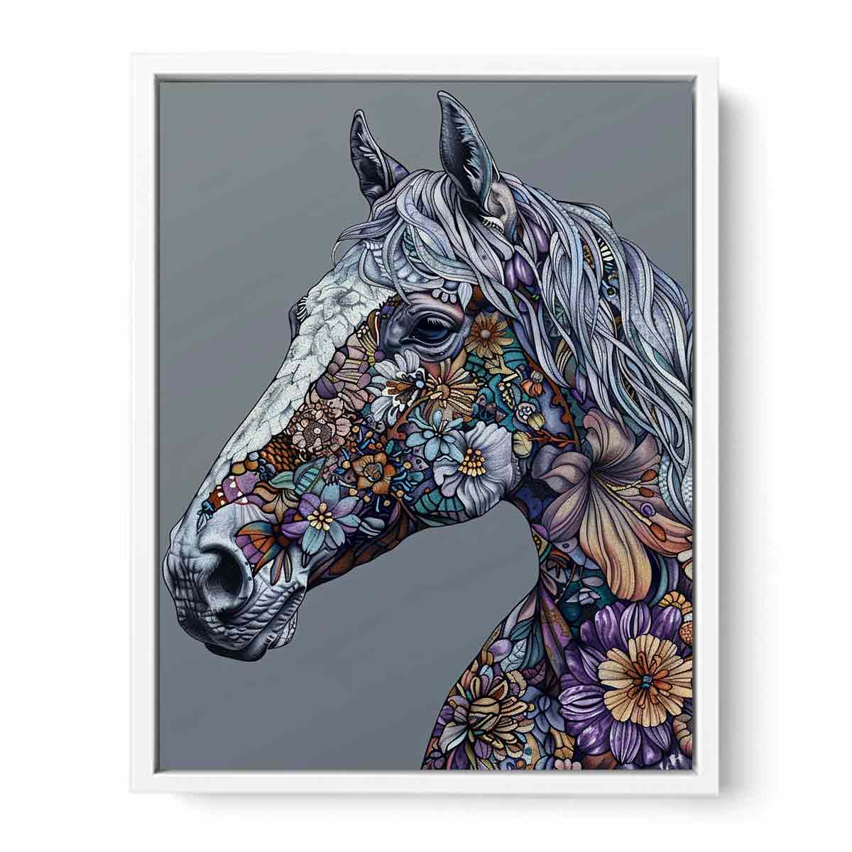 Floral horse portrait for modern living room decor with premium canvas art style.